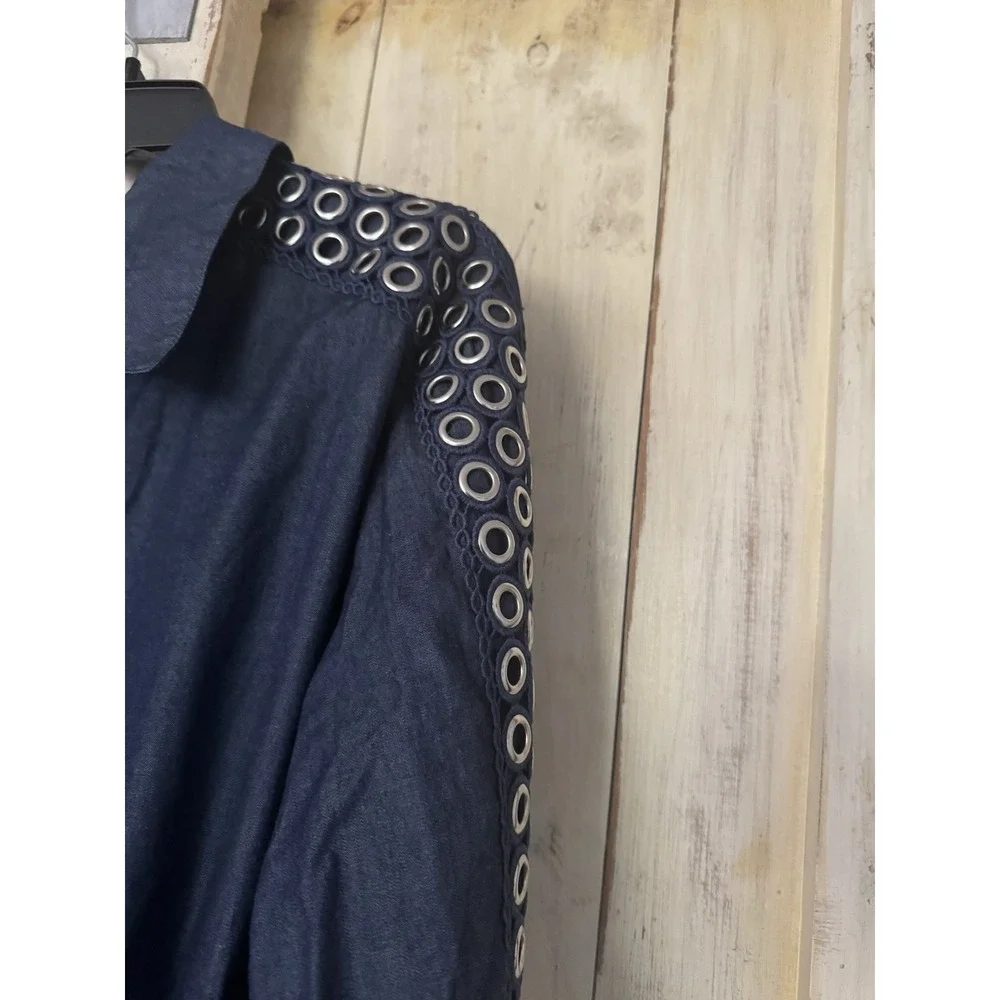 CQ By CQ Asymmetrical 100% Cotton Denim Button Down Tunic Dress Eyelet Sleeve XL - Picture 7 of 9